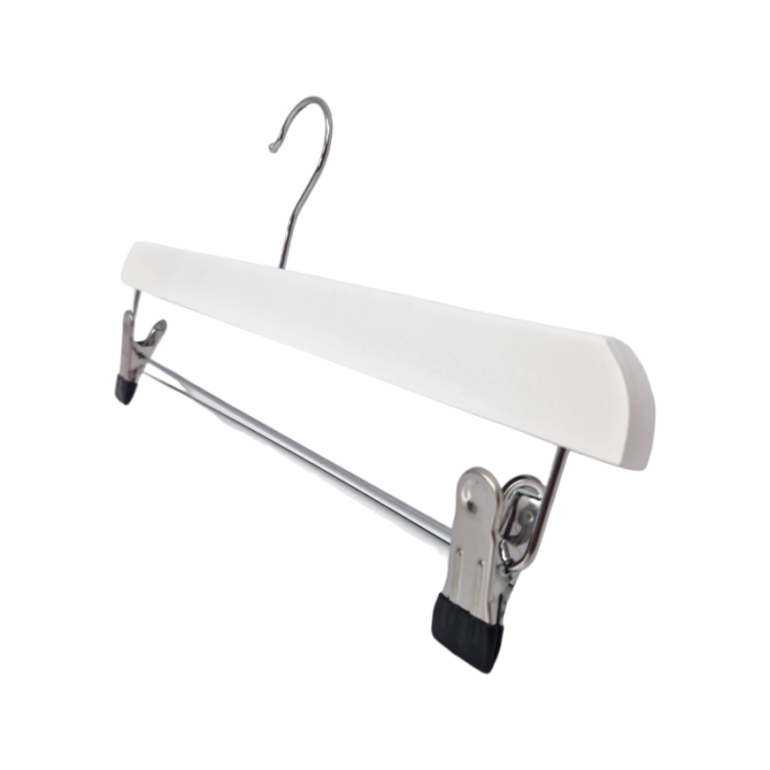 White Wooden Trouser Bar Clothes Hangers with Soft-Grip Chrome Clips - 35.5 cm - Image 5