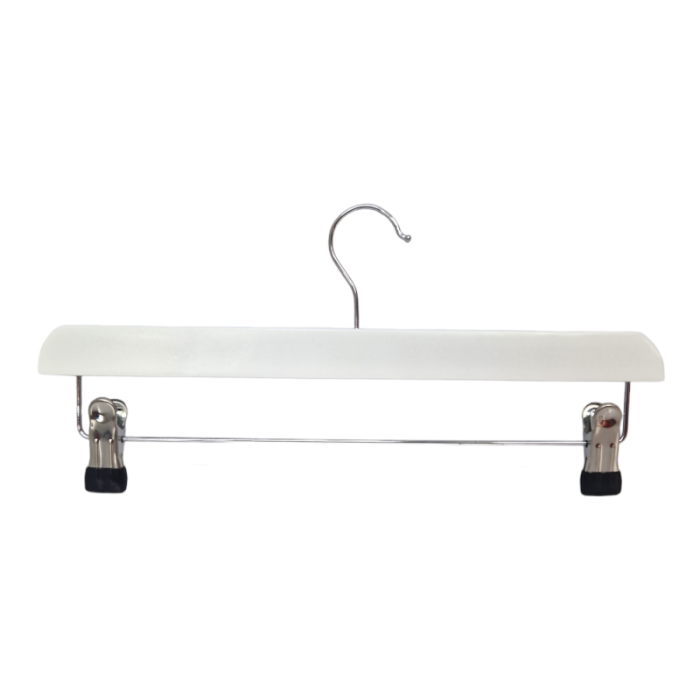 White Wooden Trouser Bar Clothes Hangers with Soft-Grip Chrome Clips - 35.5 cm - Image 6