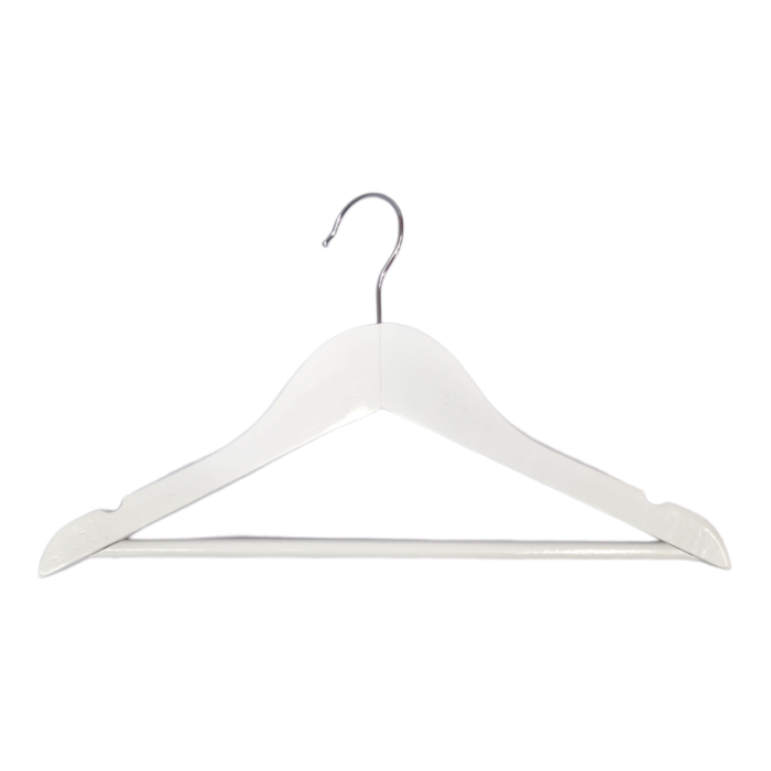 White Wooden Hangers with Wooden Trouser Bar & Shoulder Notches - 45cm - Image 1