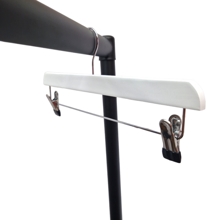 White Wooden Trouser Bar Clothes Hangers with Soft-Grip Chrome Clips - 35.5 cm - Image 2
