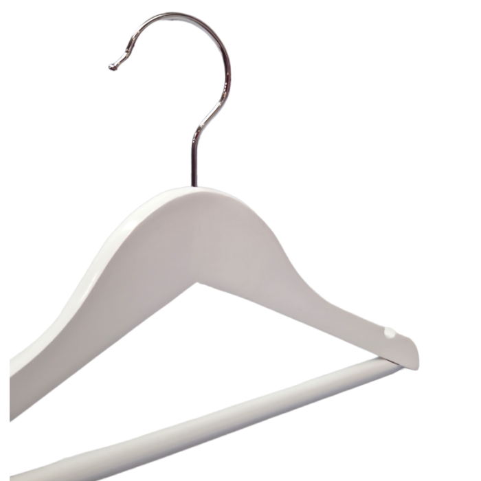 White Wooden Hangers with Wooden Trouser Bar & Shoulder Notches - 45cm - Image 3