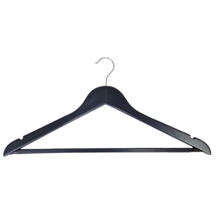 MicrosoftTeams-image (7) Black Wooden Hangers with Wooden Trouser Bar & Shoulder Notches - 45 cm - Image 1