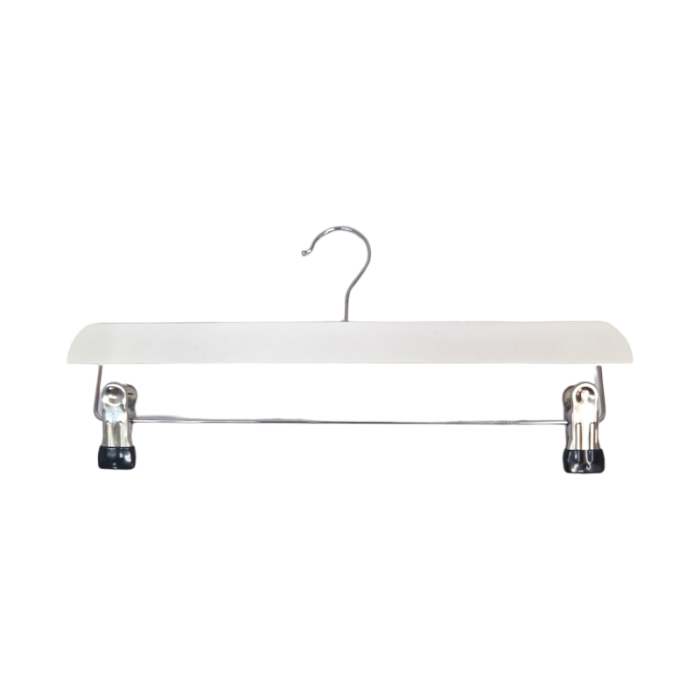 White Wooden Trouser Bar Clothes Hangers with Soft-Grip Chrome Clips - 35.5 cm - Image 1