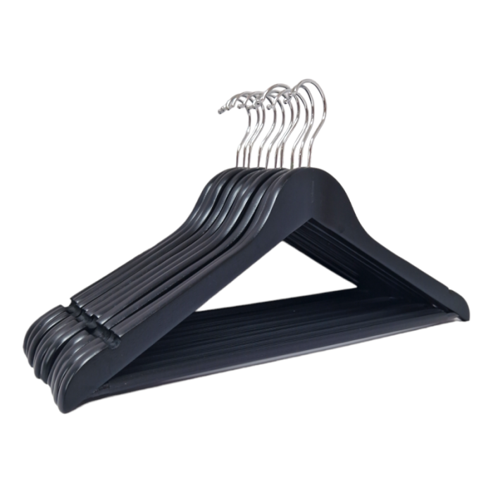 Black Wooden Hangers with Wooden Trouser Bar & Shoulder Notches - 45 cm - Image 2