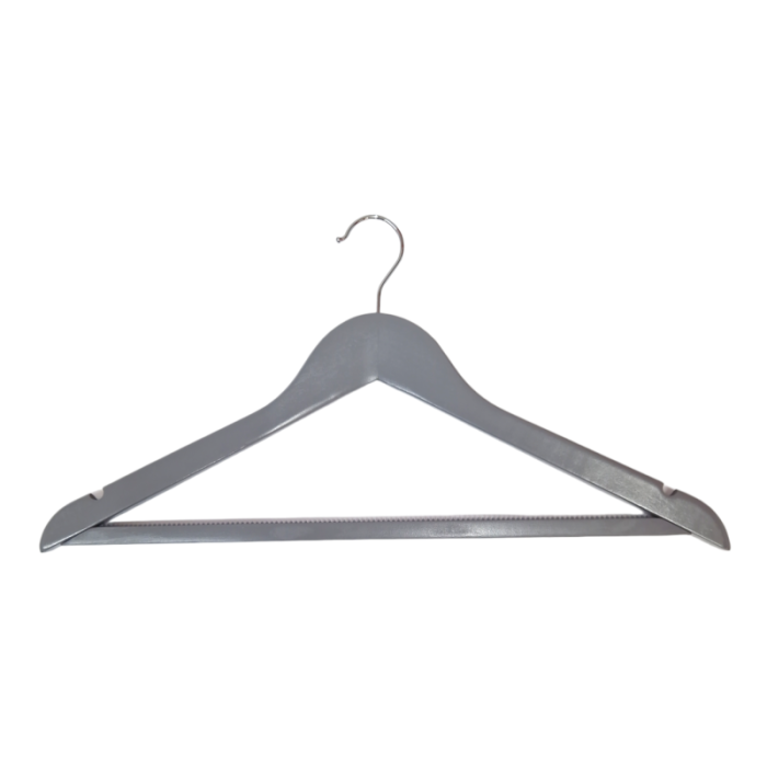 MicrosoftTeams-image (2) Grey Anti Slip Wooden Hangers with Trouser Bar & Shoulder Notches - 45 cm - Image 1