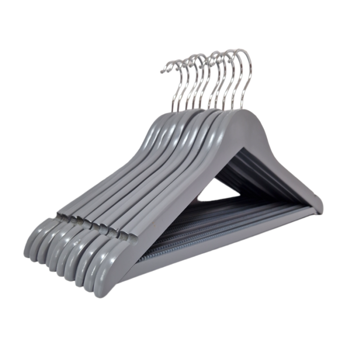 Grey Anti Slip Wooden Hangers with Trouser Bar & Shoulder Notches - 45 cm - Image 5