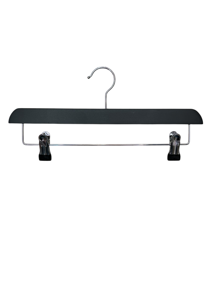 Black Wooden Trouser Bar Clothes Hangers with Soft-Grip Chrome Clips - 35.5 cm - Image 1