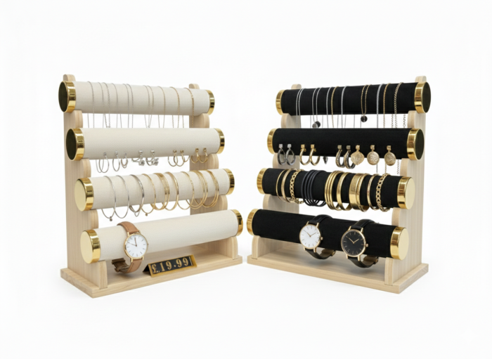 Wooden Bracelet & Bangle Display Stand with Cream Velvet Bars - Image 2