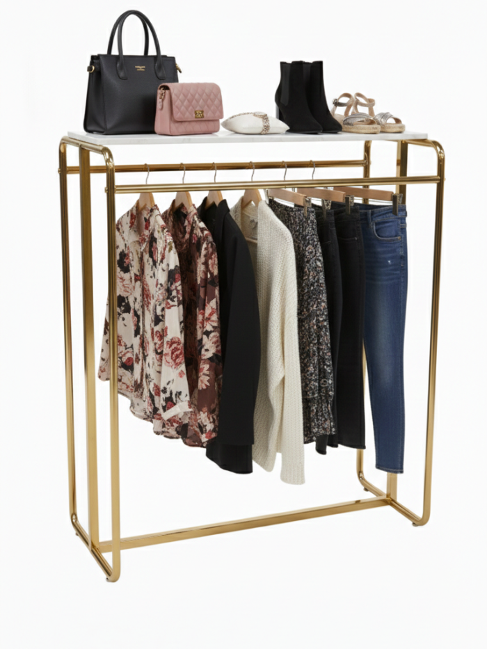 Gold Clothing Display Rail with Top Marble Shelf - Image 2