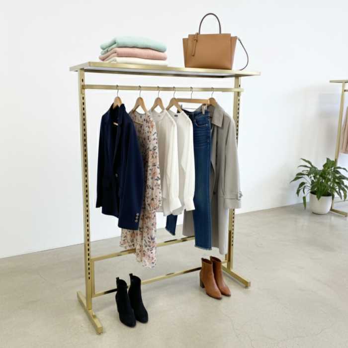 Boutique Gold Clothes Rail with Shiny Top Shelf - Image 4